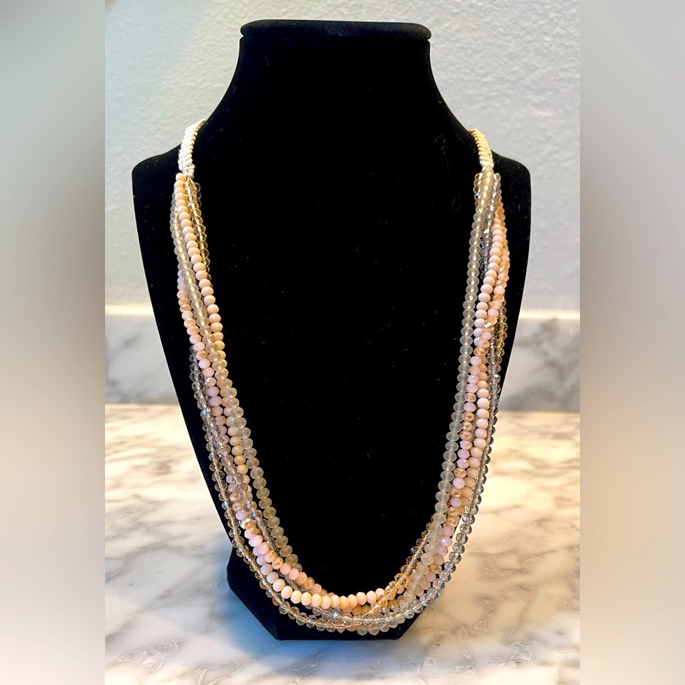 Peach Pink Gray Cream Champagne Crystal Beaded Necklace (New No Tags)